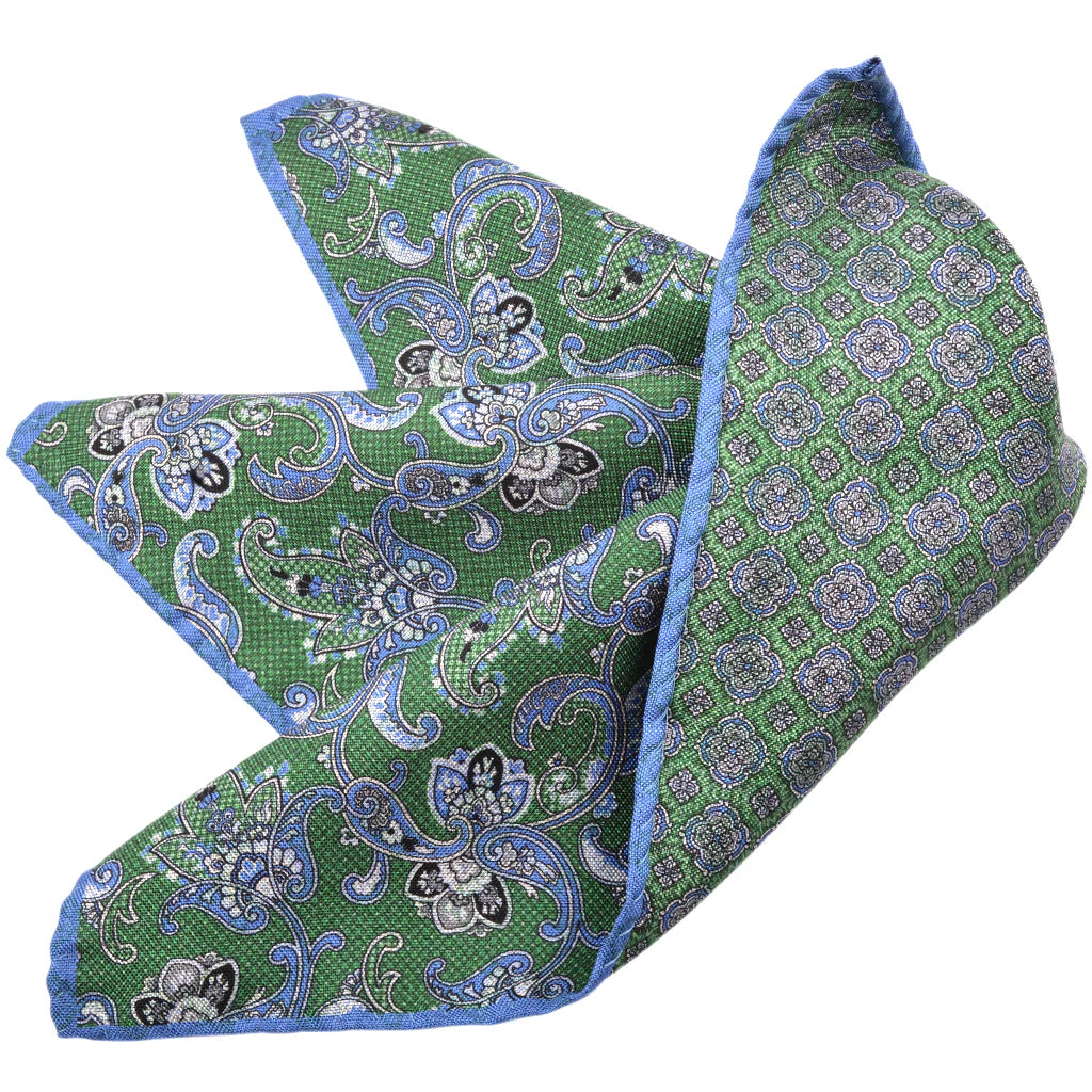 DION SILK DOUBLE-SIDED POCKET SQUARE - FOREST PAISLEY MEDALLION