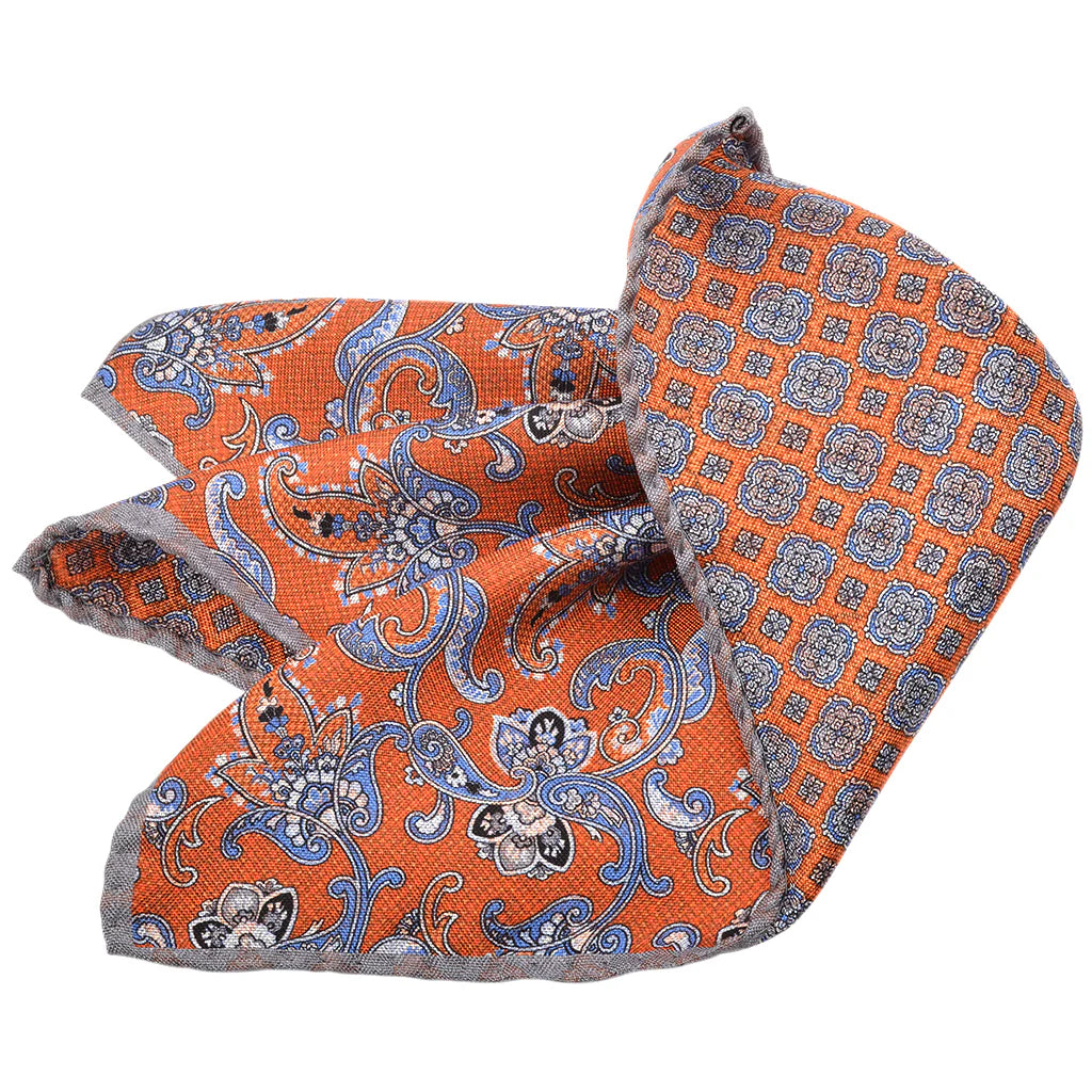 DION SILK DOUBLE-SIDED POCKET SQUARE - COGNAC PAISLEY MEDALLION
