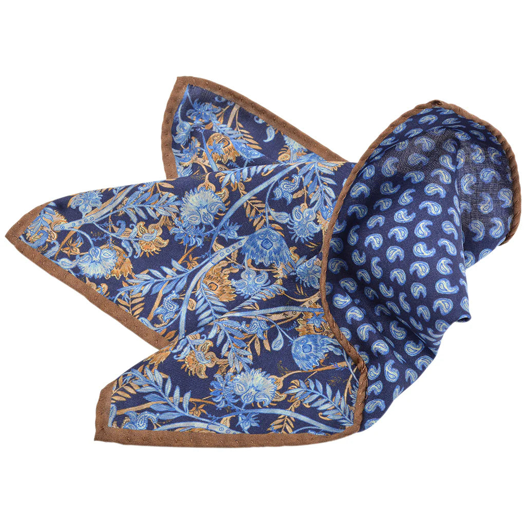 DION SILK DOUBLE-SIDED POCKET SQUARE - NAVY FLORAL PAISLEY TEARDROP