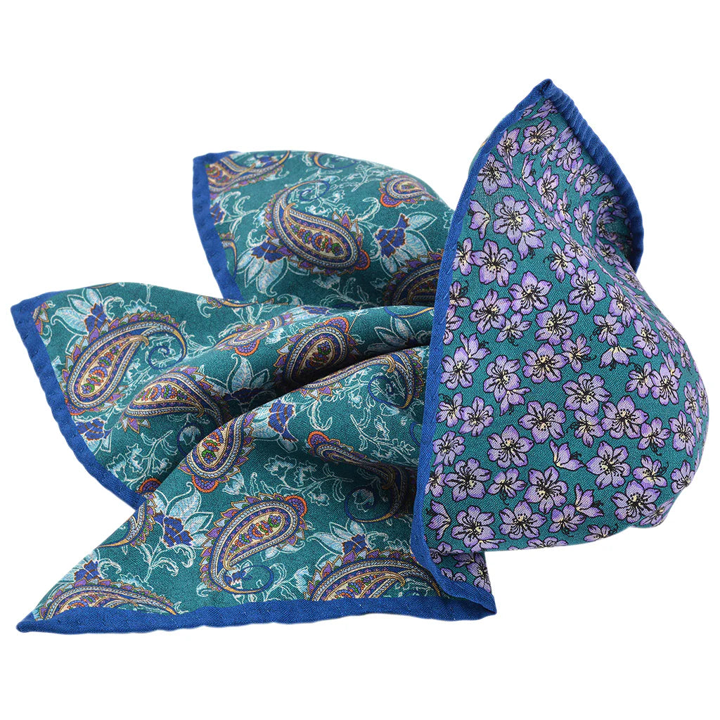 DION SILK DOUBLE-SIDED POCKET SQUARE - PETROL PAISLEY FLORAL