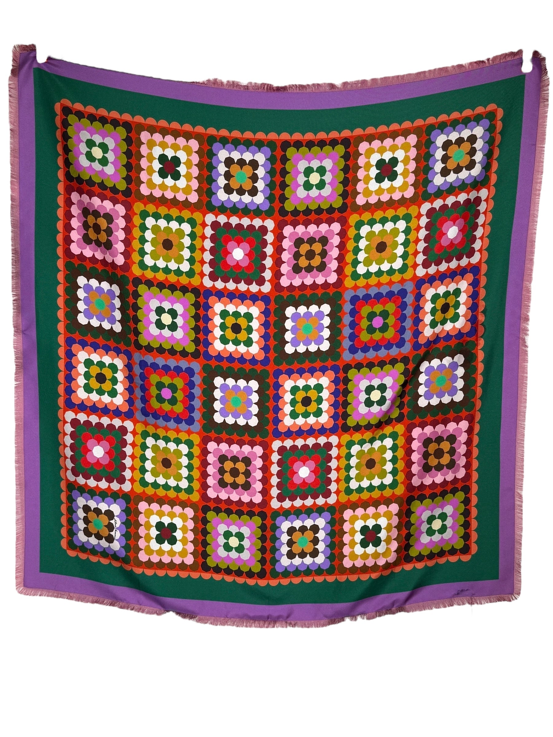 FRANCO FERRARI DOUBLE-SIDED SILK SQUARE SCARF - ORANGE/LAVENDER PATCHWORK