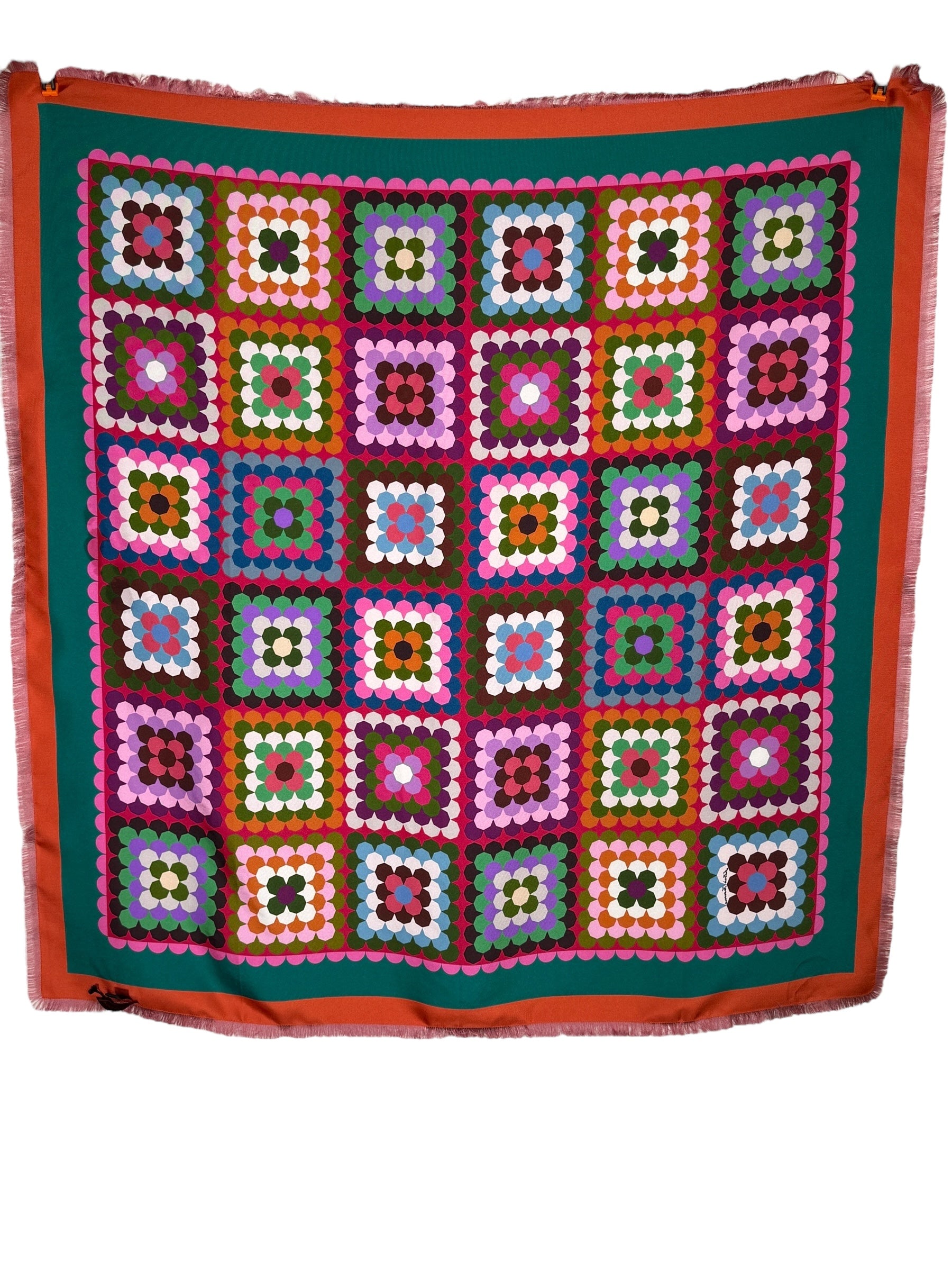 FRANCO FERRARI DOUBLE-SIDED SILK SQUARE SCARF - ORANGE/LAVENDER PATCHWORK