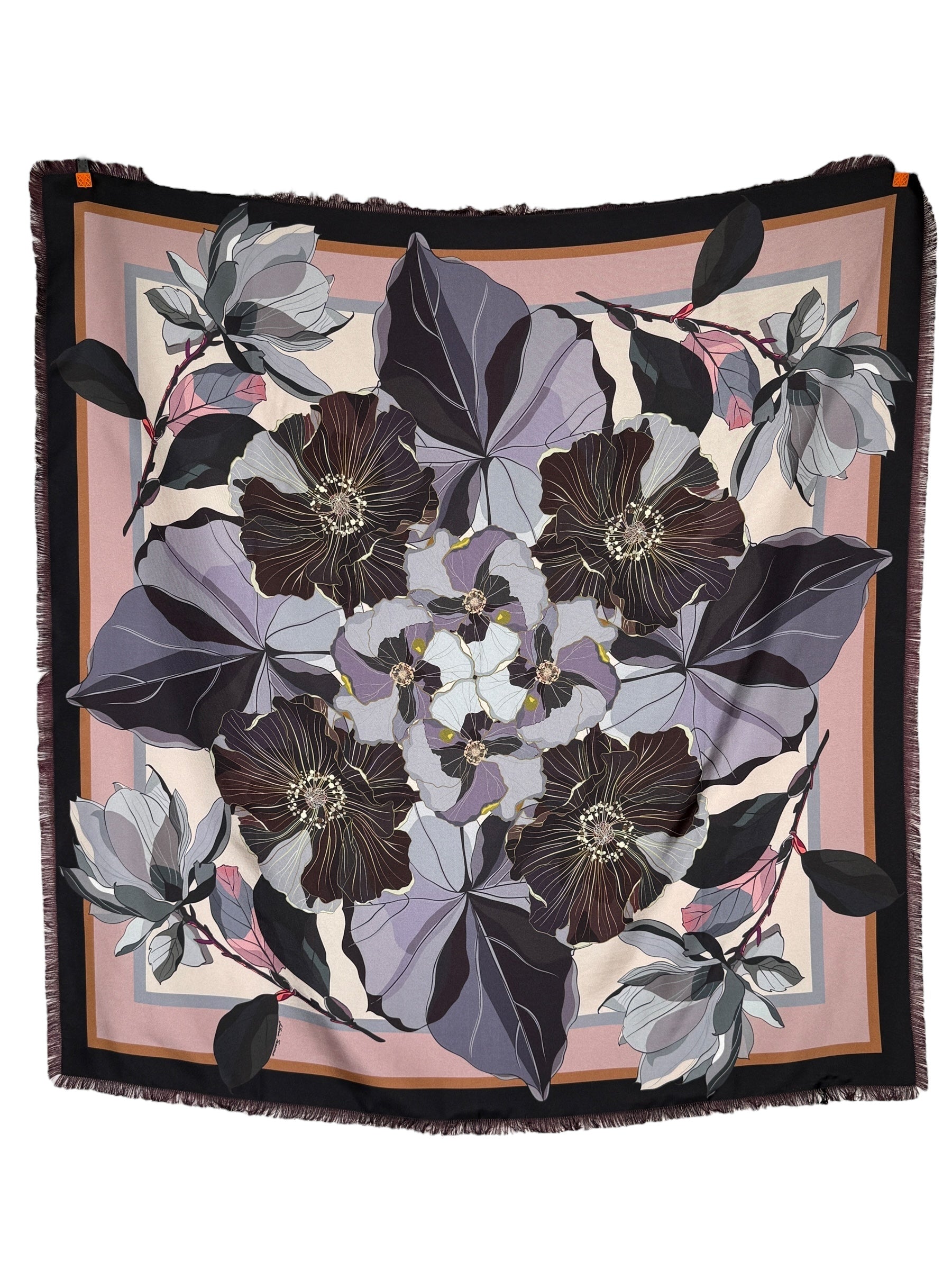 FRANCO FERRARI DOUBLE-SIDED SILK SQUARE SCARF - GREY/PINK FLORAL