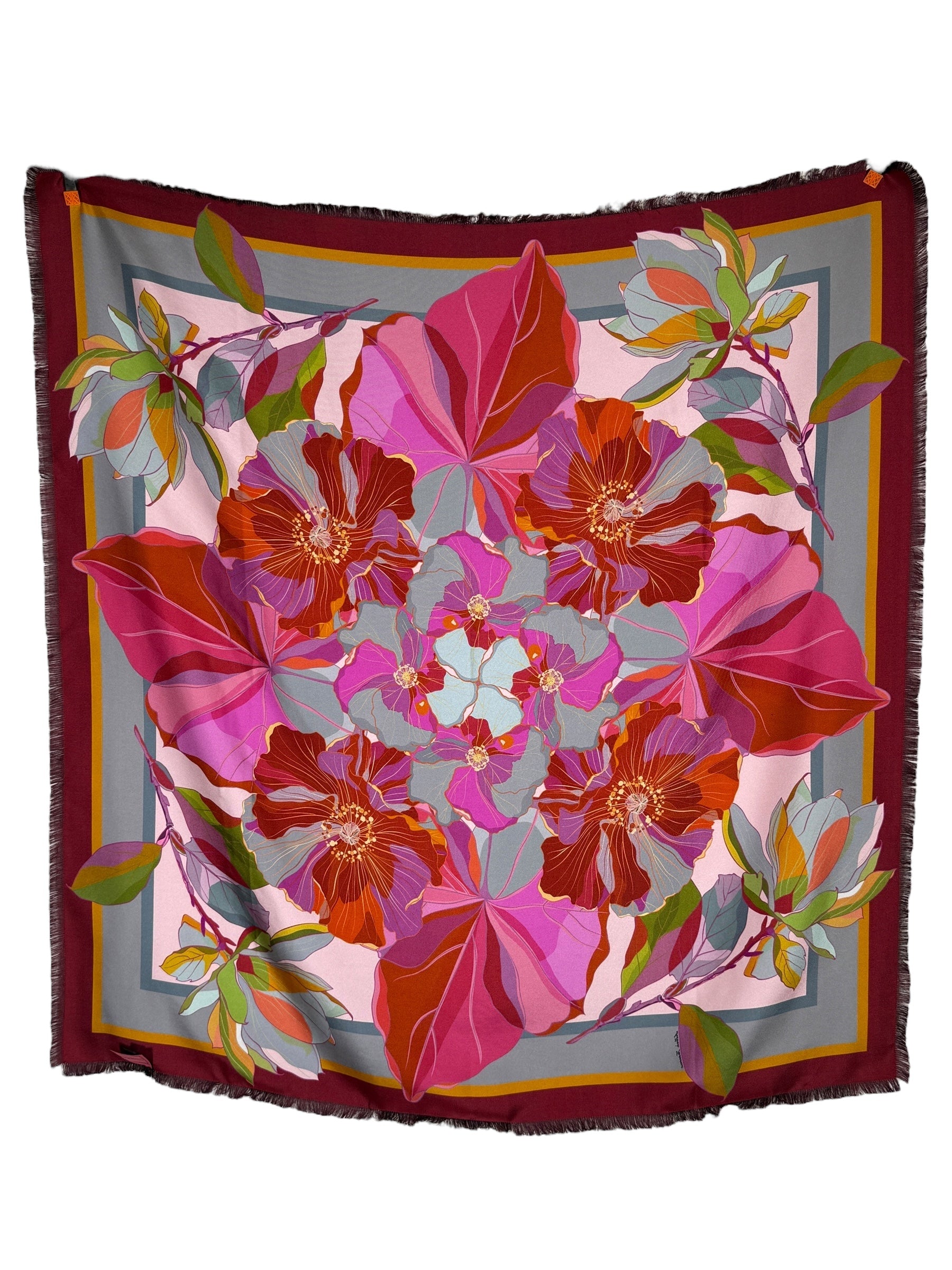 FRANCO FERRARI DOUBLE-SIDED SILK SQUARE SCARF - GREY/PINK FLORAL