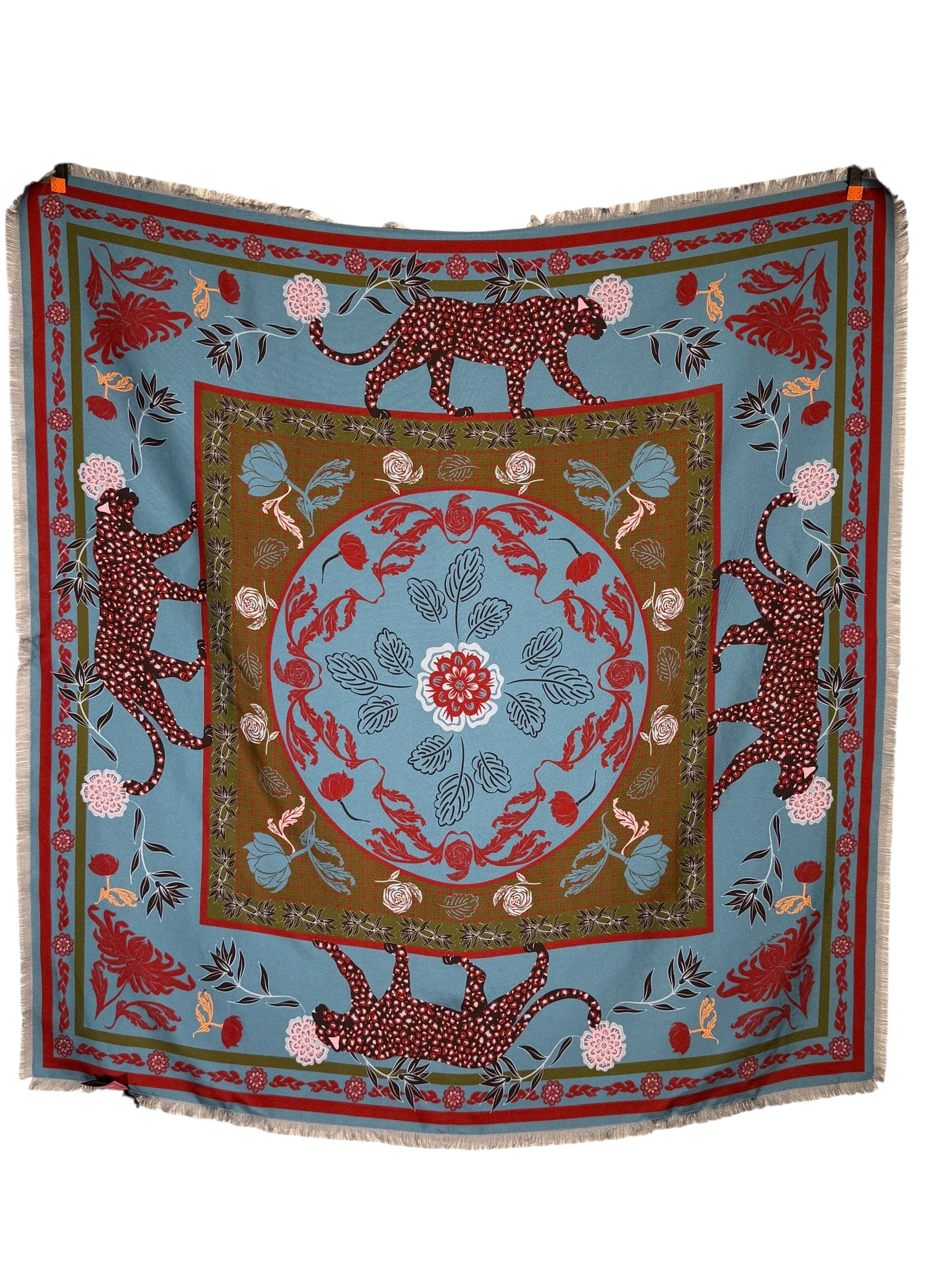 FRANCO FERRARI DOUBLE-SIDED SILK SQUARE SCARF - RED/LIGHT BLUE LEOPARD