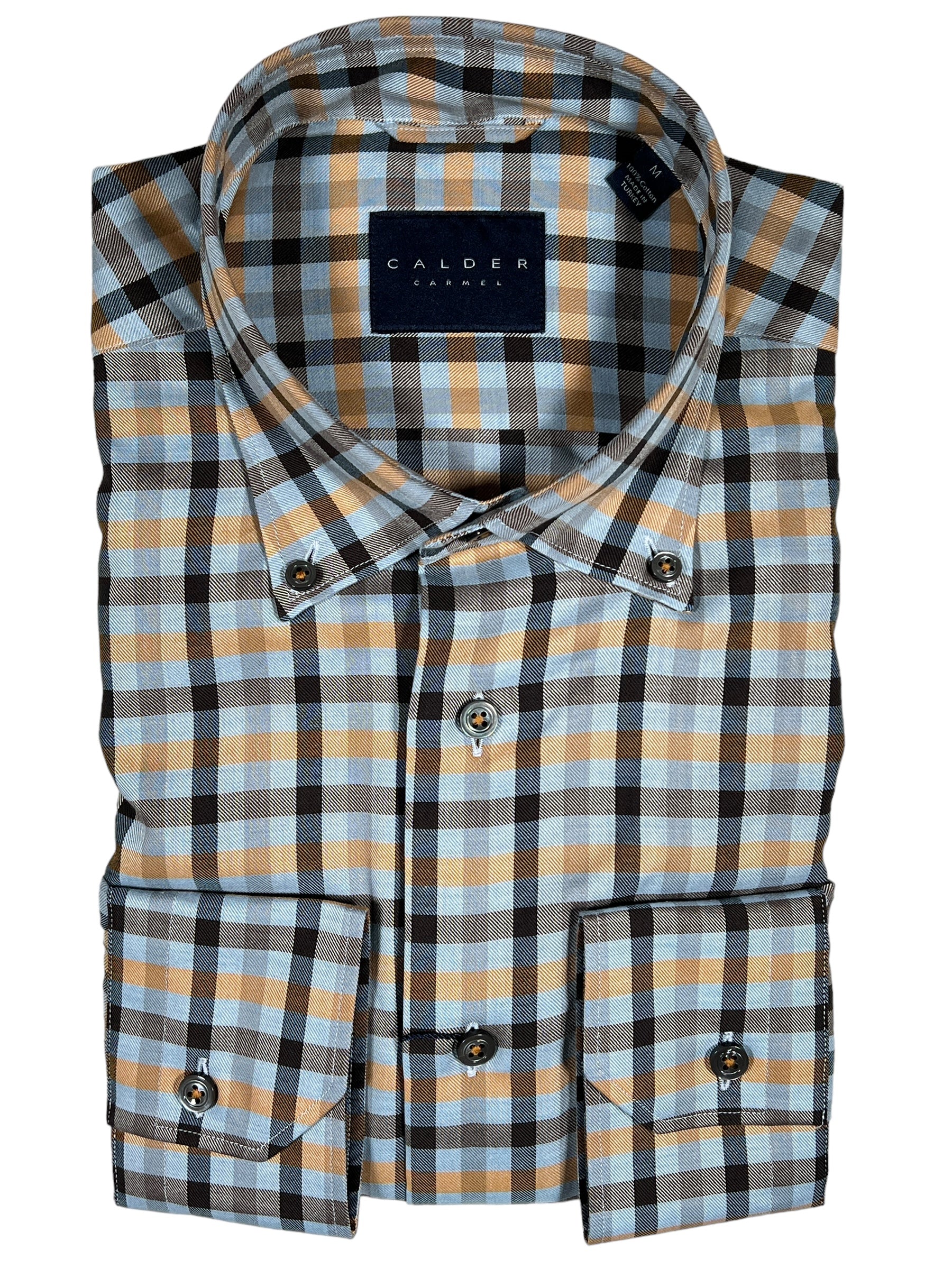 CALDER CARMEL MEN'S CHECK SHIRT - LIGHT BLUE/MUSTARD MIX