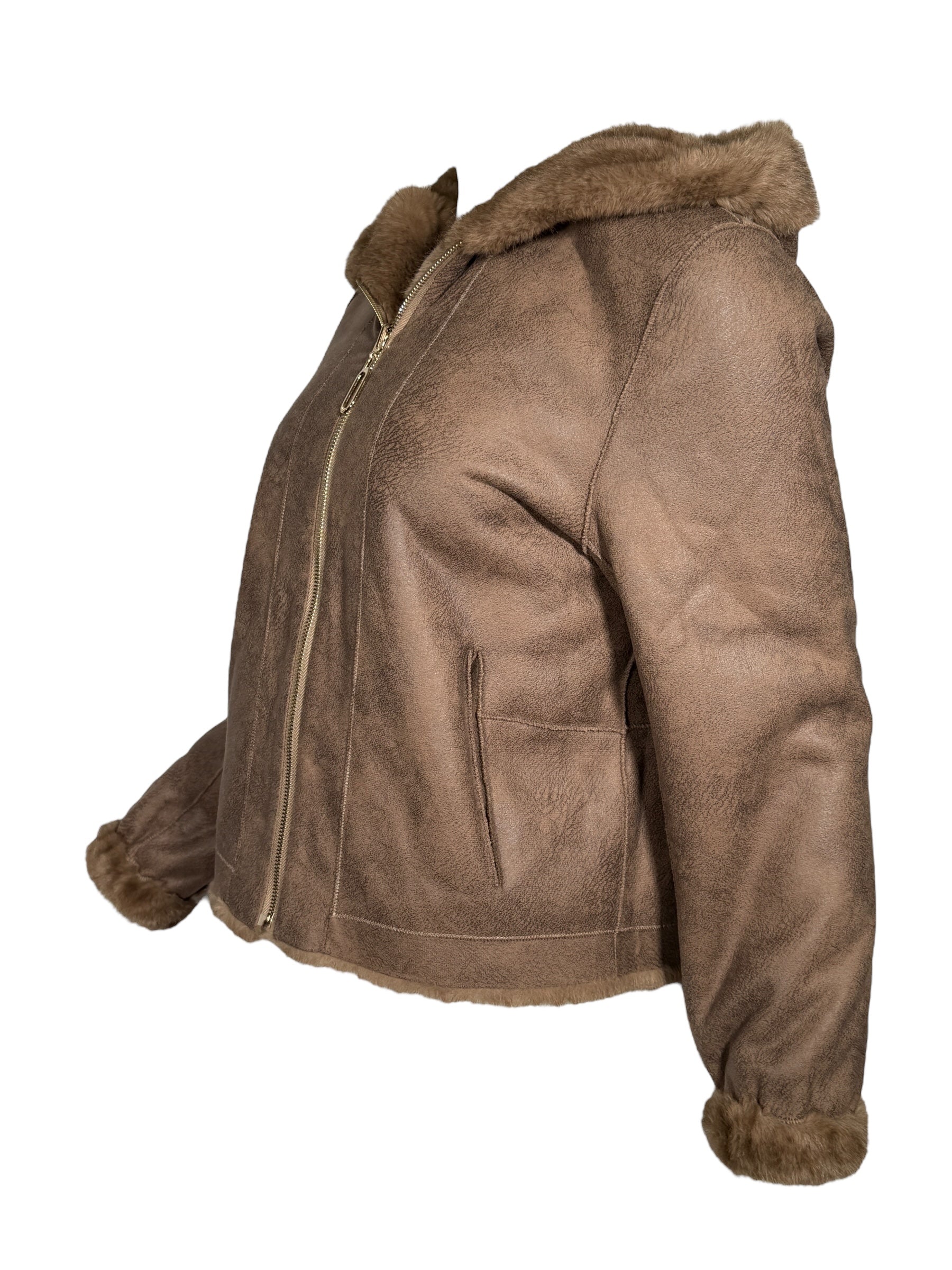 LEO & UGO HOODED REVERSIBLE ZIP FAUX FUR JACKET - CAMEL