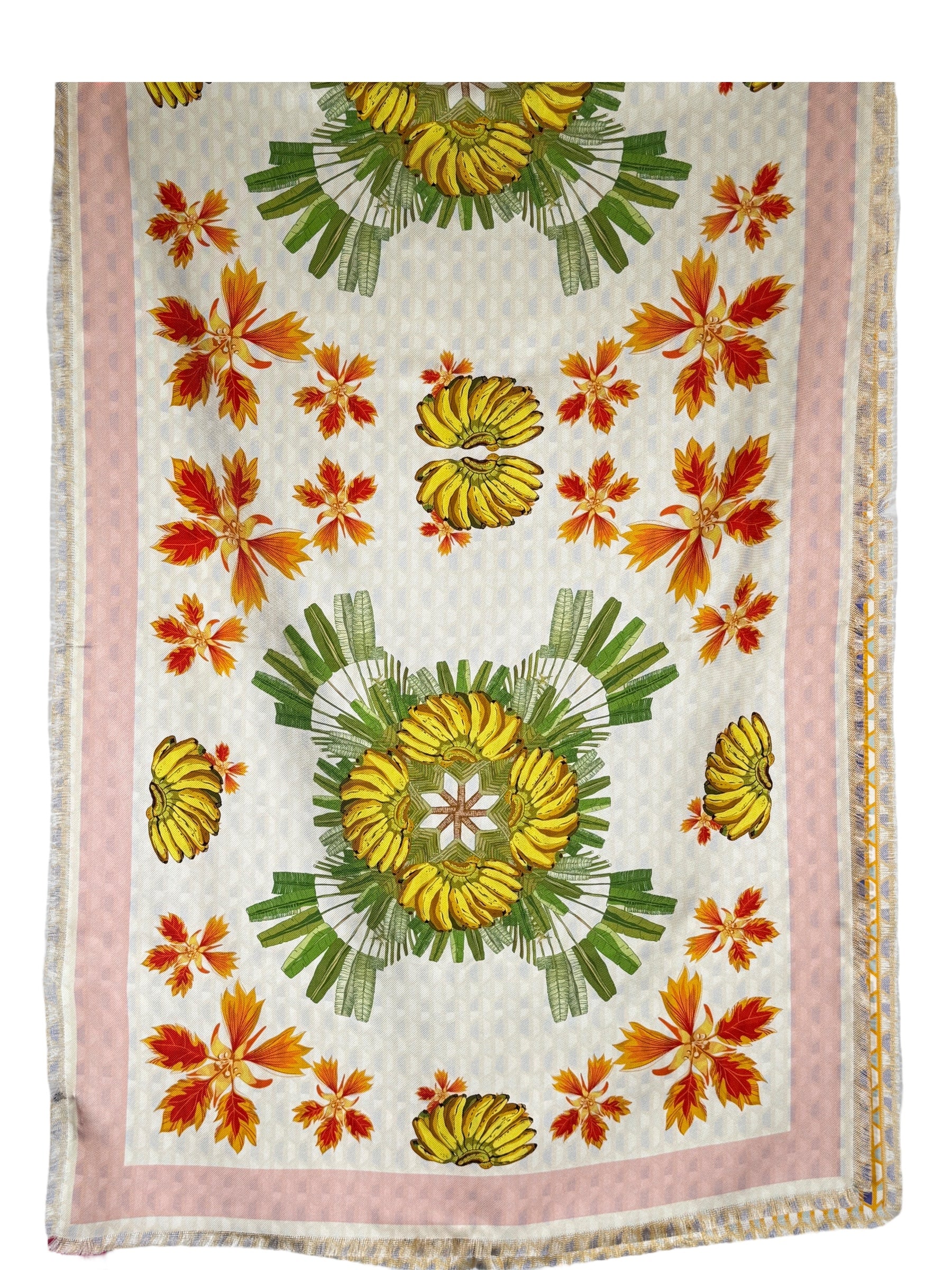 FRANCO FERRARI DOUBLE SIDED SILK SCARF - GOLD HEXAGON/BANANA FLORAL