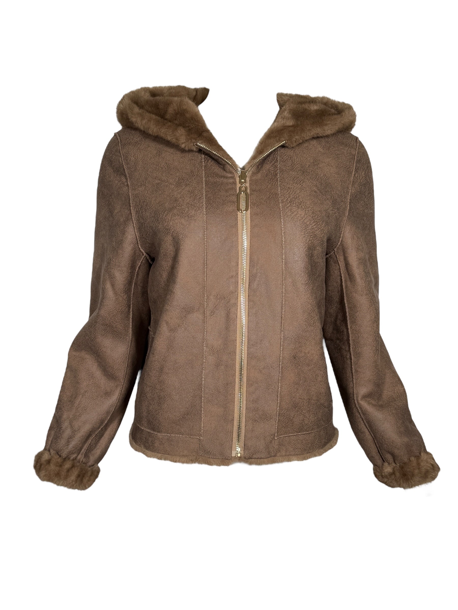 LEO & UGO HOODED REVERSIBLE ZIP FAUX FUR JACKET - CAMEL