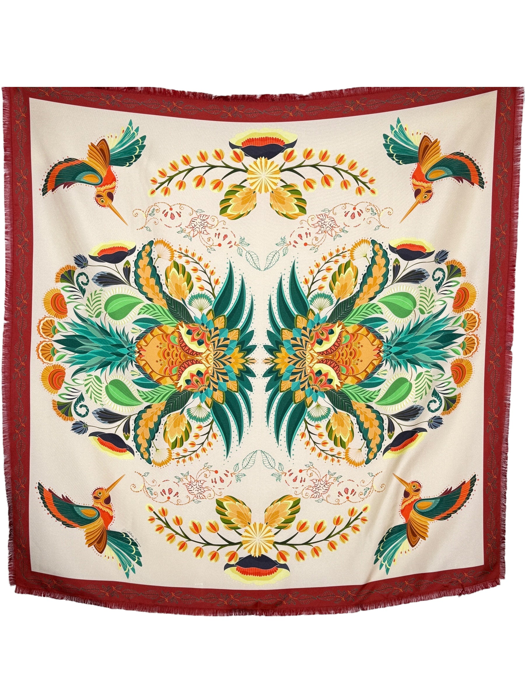 FRANCO FERRARI DOUBLE SIDED SQUARE SILK SCARF - WHITE HUMMINGBIRDS