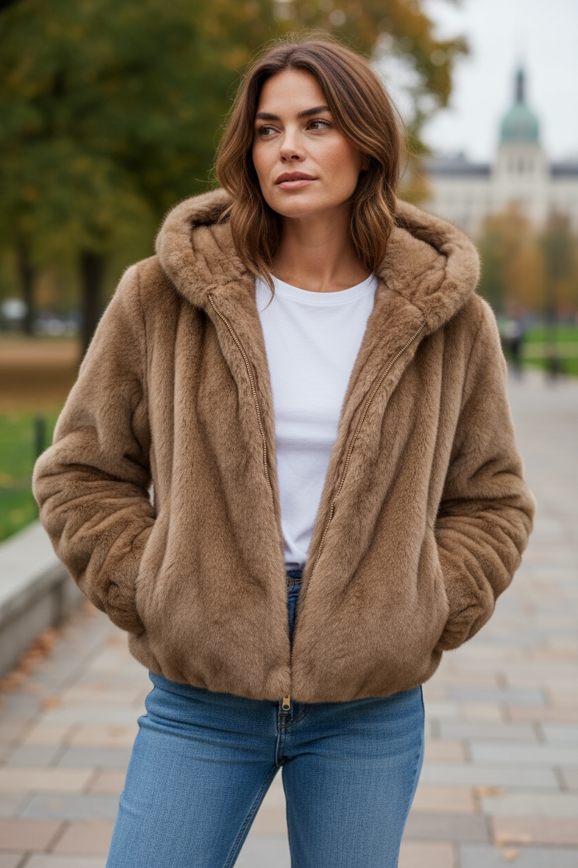 LEO & UGO HOODED REVERSIBLE ZIP FAUX FUR JACKET - CAMEL
