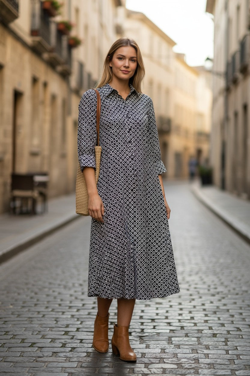 CAMICETTASNOB JACQUARD PRINT POLO DRESS - NAVY & WHITE