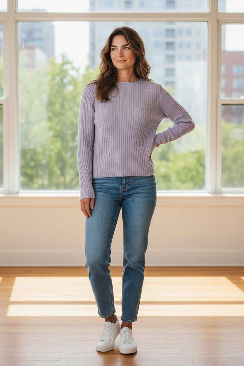 FLORA FEDI CASHMERE BLEND RIBBED CREW NECK SWEATER - CIELO