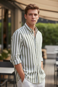 GMF 965 MEN'S LINEN BLEND SPORT SHIRT - GREEN AWNING STRIPE