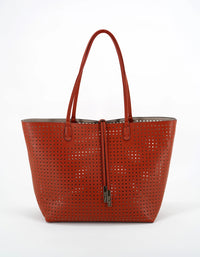 REMI/REID DEPARTURE PERFORATED SQUARE REVERSIBLE TOTE BAG - TROPIC RED/NUDE