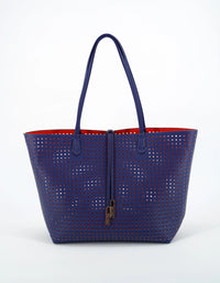 REMI/REID DEPARTURE PERFORATED SQUARE REVERSIBLE TOTE BAG - ROYAL BLUE/CORAL