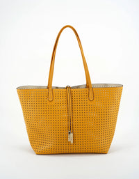 REMI/REID DEPARTURE PERFORATED SQUARE REVERSIBLE TOTE BAG - MUSTARD/CREAM