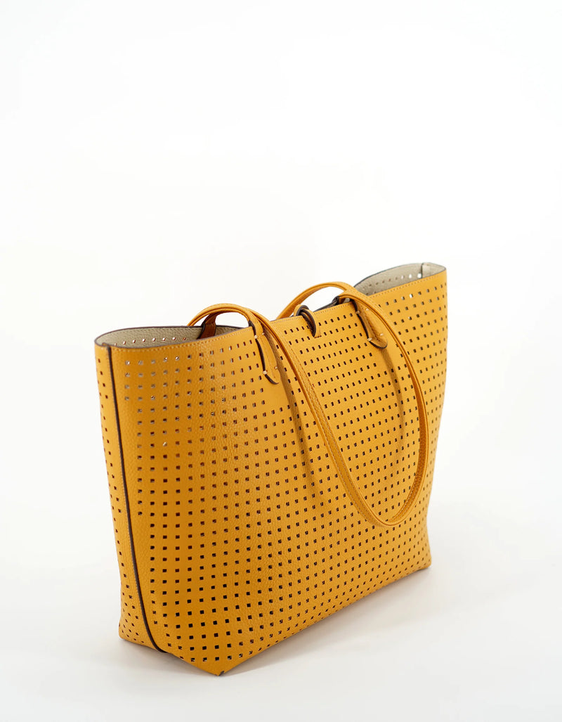 REMI/REID DEPARTURE PERFORATED SQUARE REVERSIBLE TOTE BAG - MUSTARD/CREAM