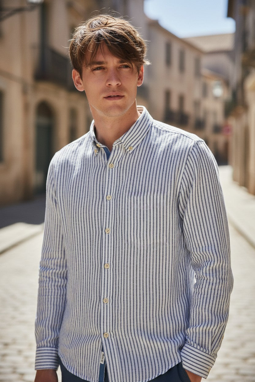 GMF 965 MEN'S LINEN BLEND SPORT SHIRT - NAVY/WHITE STRIPE