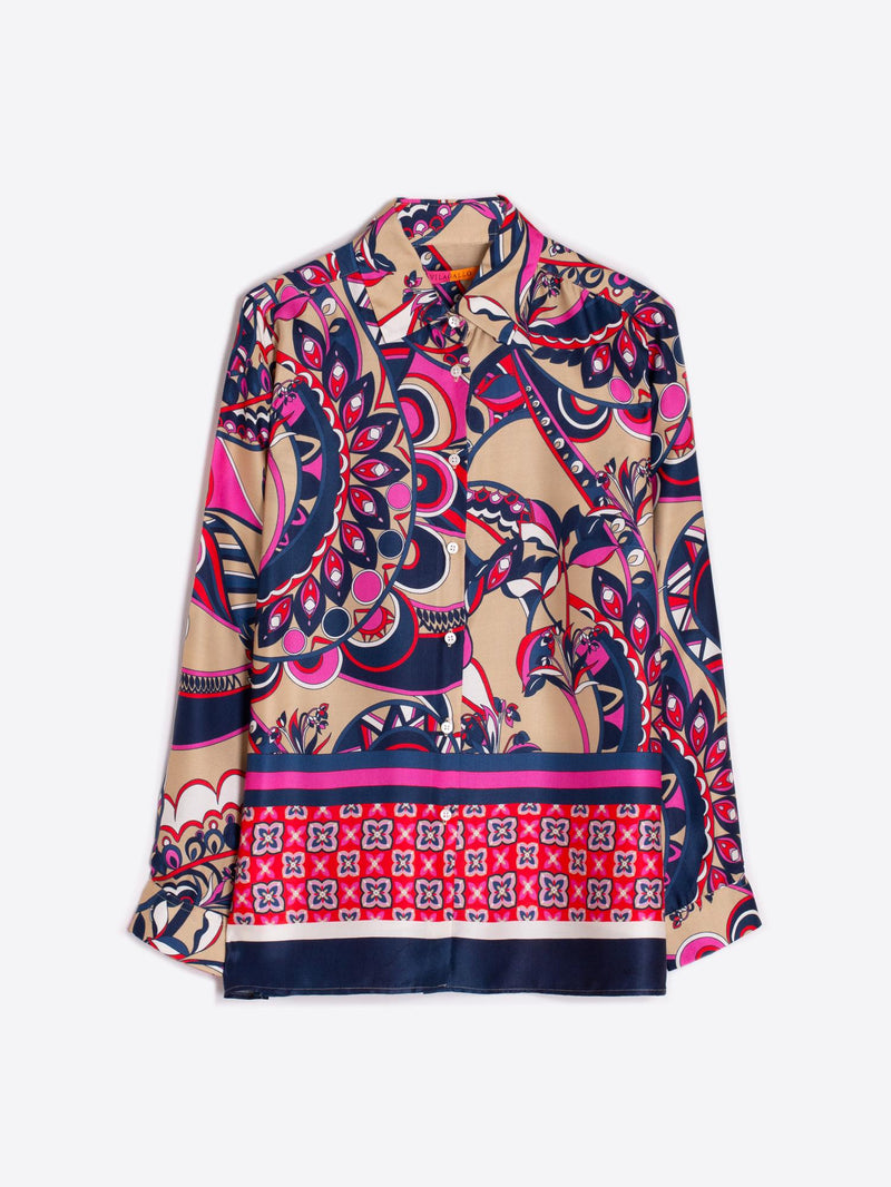 VILAGALLO IRINA PRINT SHIRT - NAVY, PINK & BEIGE