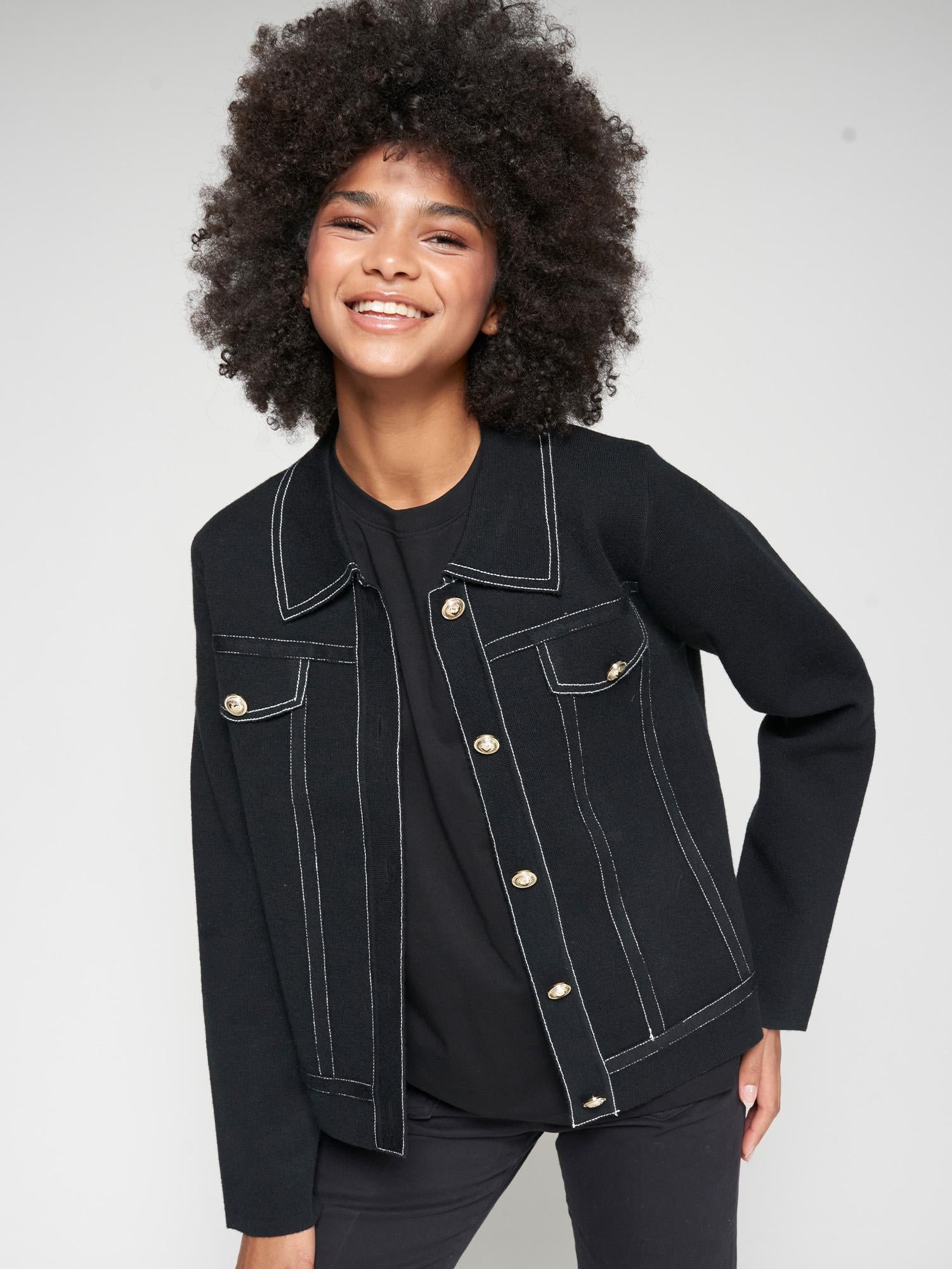 VILAGALLO BLACK ECRU DENIM STITCHING CARDIGAN KNIT