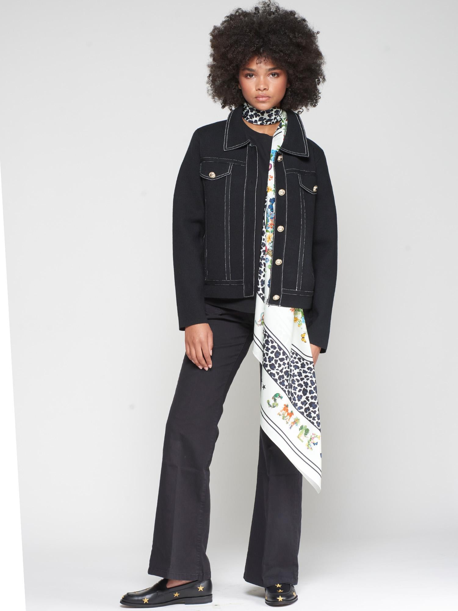 VILAGALLO BLACK ECRU DENIM STITCHING CARDIGAN KNIT