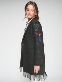 VILAGALLO AMALIA GRAFFITI GREEN LEADEN FRINGE COAT