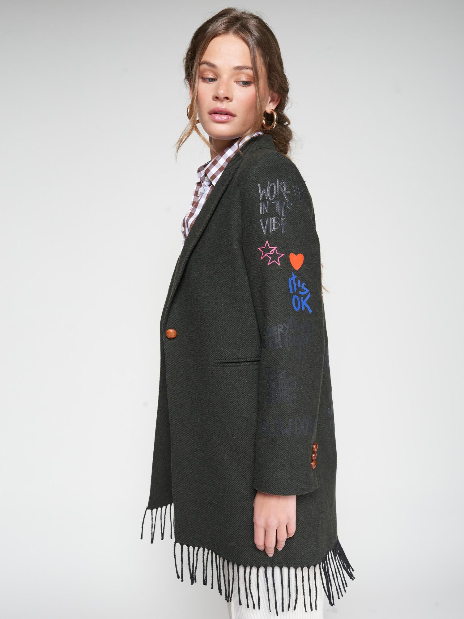 VILAGALLO AMALIA GRAFFITI GREEN LEADEN FRINGE COAT