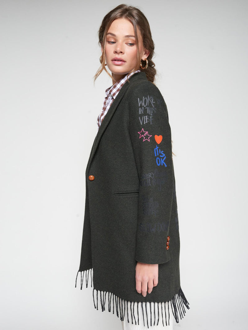 VILAGALLO AMALIA GRAFFITI GREEN LEADEN FRINGE COAT