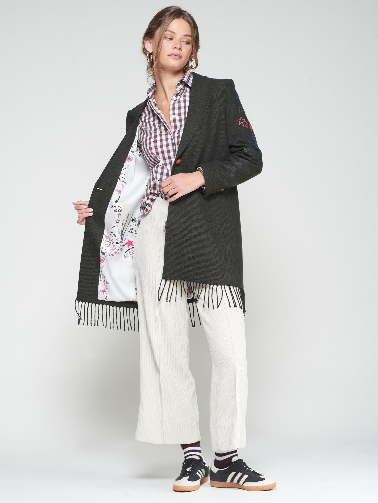 VILAGALLO AMALIA GRAFFITI GREEN LEADEN FRINGE COAT