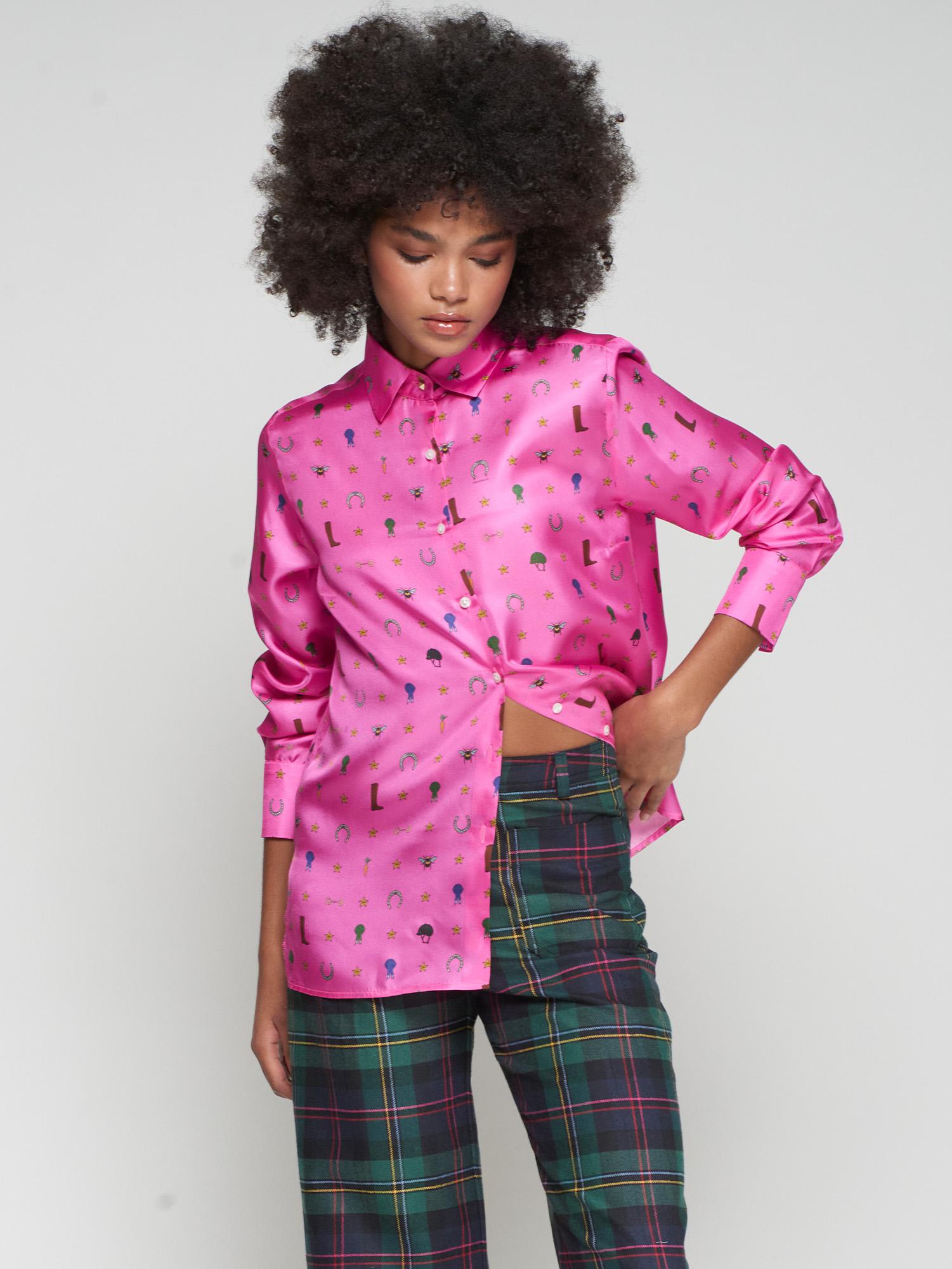VILAGALLO MARIELA SHIRT WITH PINK SILK PRINT HORSE MOTIFS