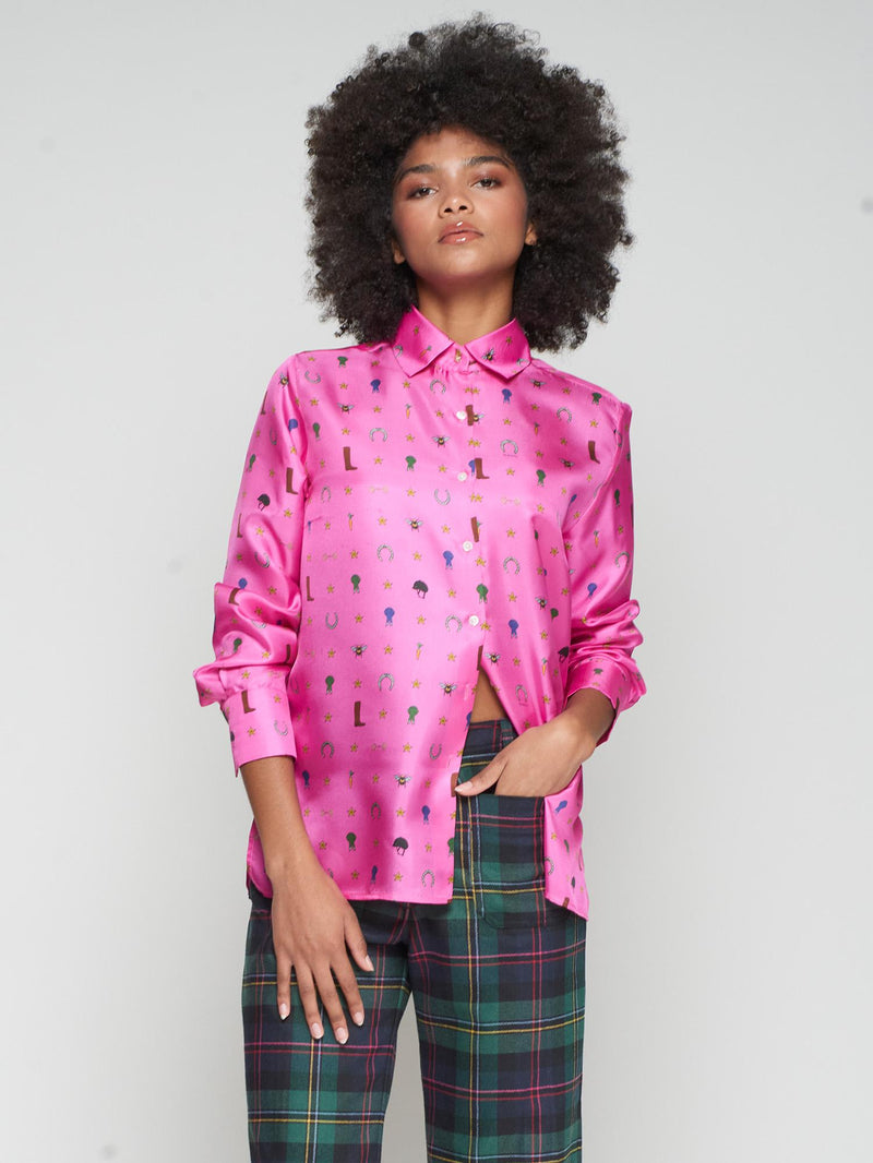 VILAGALLO MARIELA SHIRT WITH PINK SILK PRINT HORSE MOTIFS