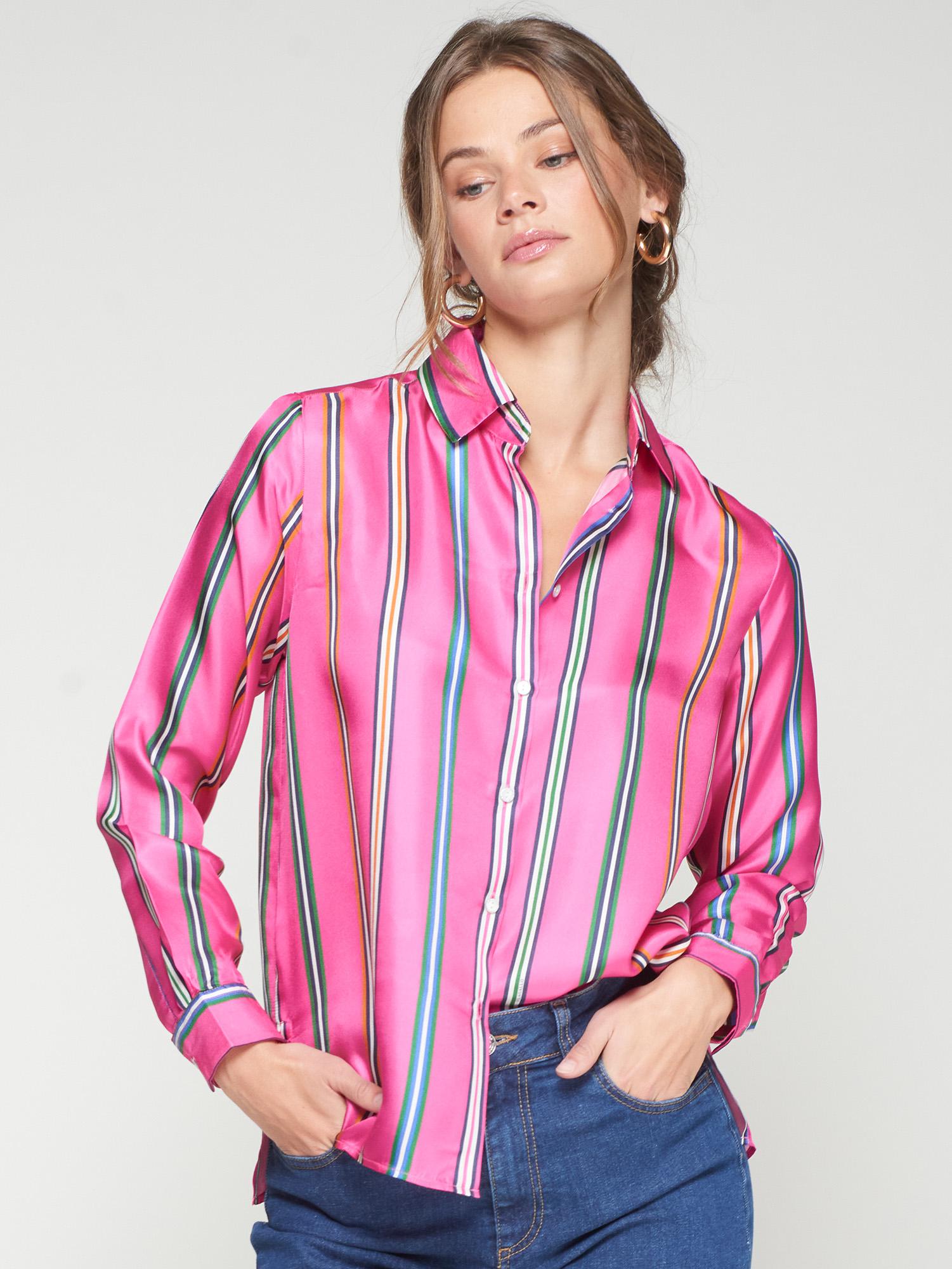 VILAGALLO PINK STRIPED SILK PRINT TEA SHIRT