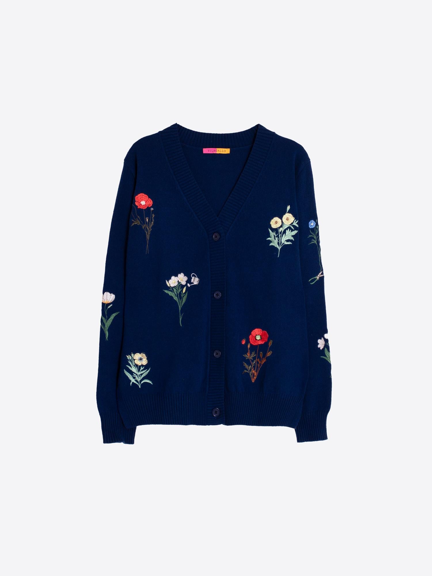 VILAGALLO CARDIGAN ALINA EMB BOTANIC - NAVY