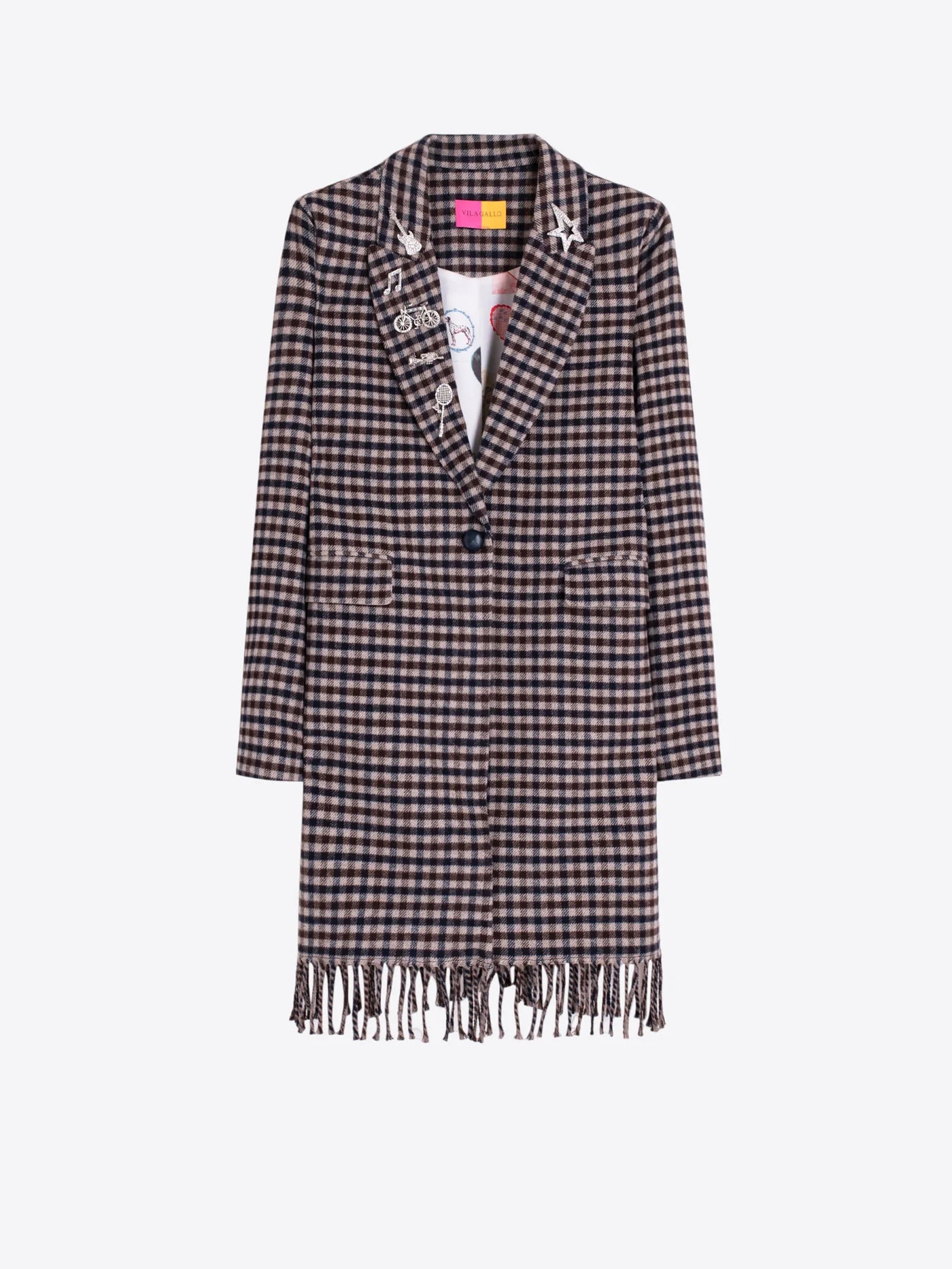 VILAGALLO ARICIA CHECK FRINGE COAT