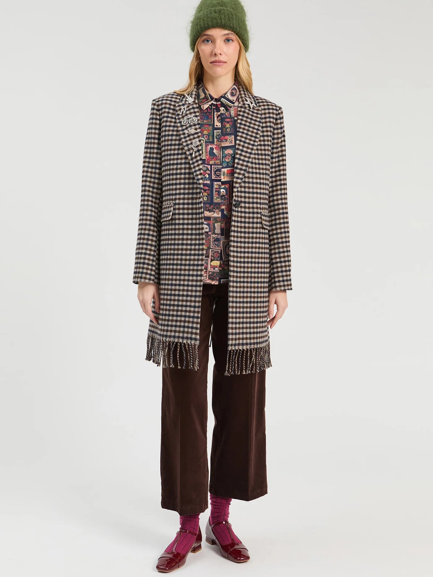 VILAGALLO ARICIA CHECK FRINGE COAT