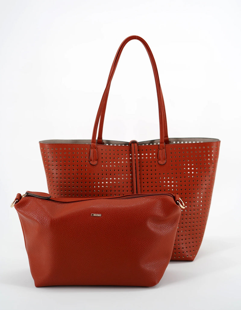 REMI/REID DEPARTURE PERFORATED SQUARE REVERSIBLE TOTE BAG - BURNT ORANGE/STONE