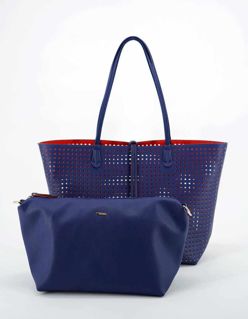 REMI/REID DEPARTURE PERFORATED SQUARE REVERSIBLE TOTE BAG - ROYAL BLUE/CORAL