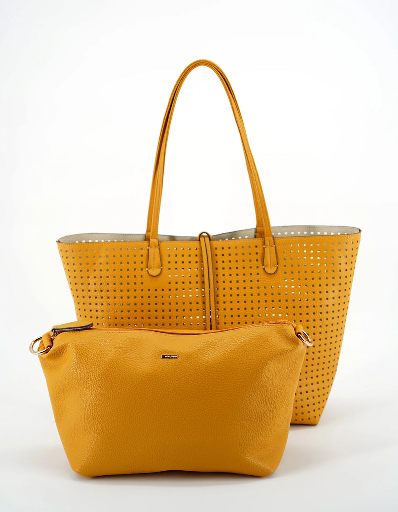 REMI/REID DEPARTURE PERFORATED SQUARE REVERSIBLE TOTE BAG - MUSTARD/CREAM