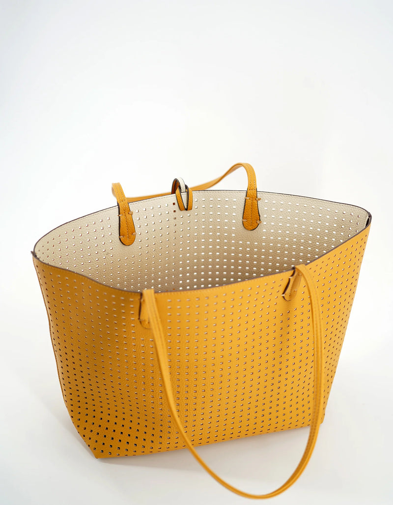 REMI/REID DEPARTURE PERFORATED SQUARE REVERSIBLE TOTE BAG - MUSTARD/CREAM