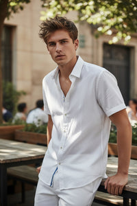 GMF 965 MEN'S LINEN BLEND SHORT-SLEEVE SPORT SHIRT - SOLID WHITE