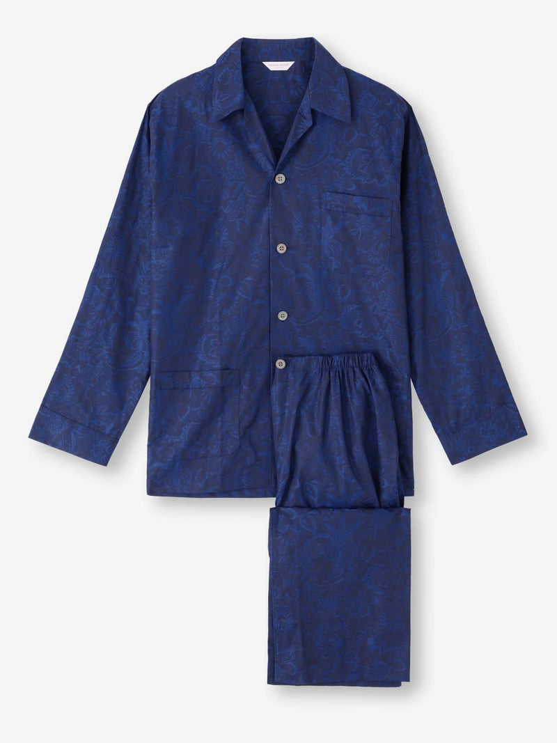 DEREK ROSE MEN'S CLASSIC FIT PAJAMA SET - COTTON JACQUARD NAVY JUNGLE PAISLEY PATTERN