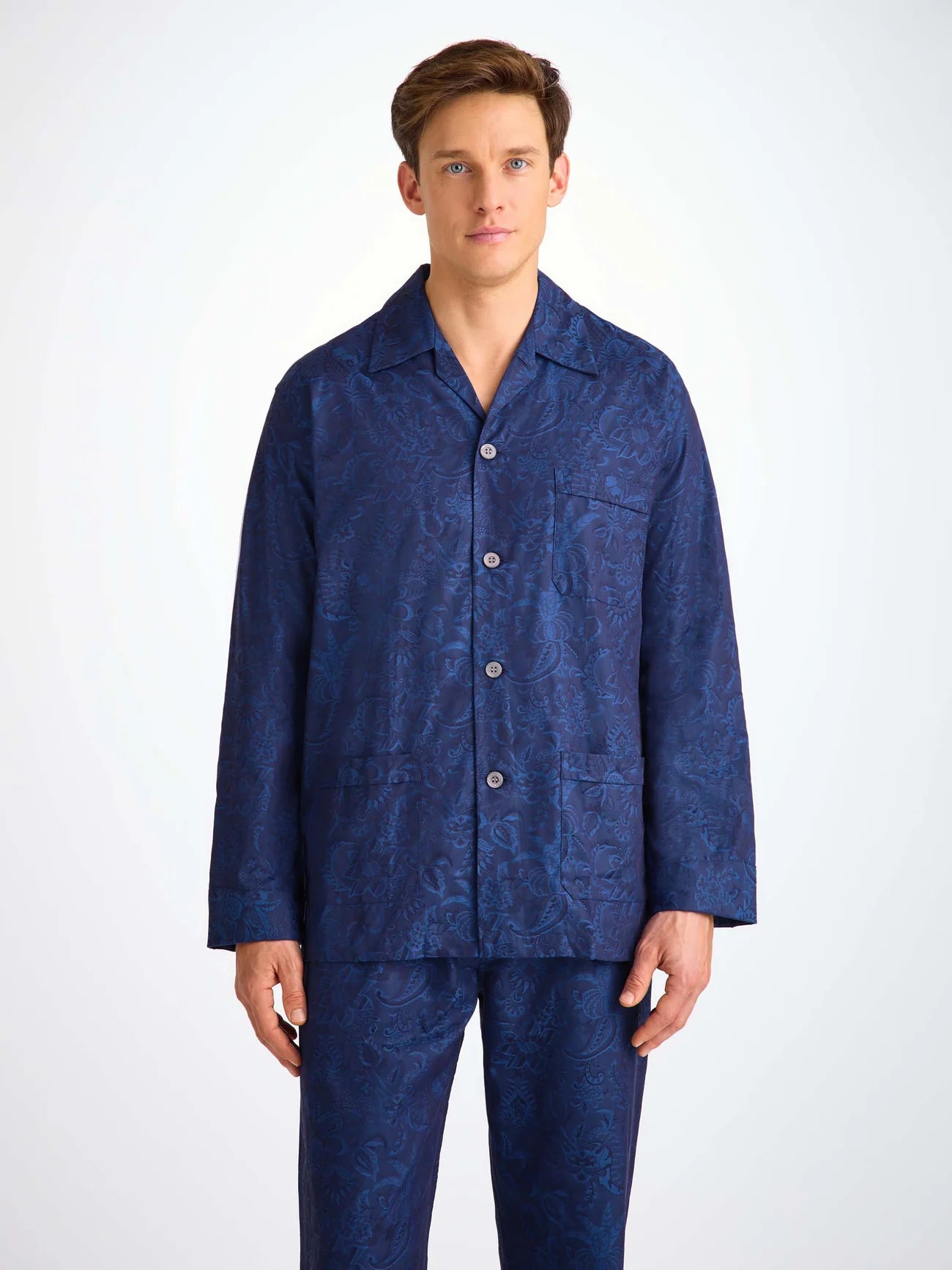 DEREK ROSE MEN'S CLASSIC FIT PAJAMA SET - COTTON JACQUARD NAVY JUNGLE PAISLEY PATTERN
