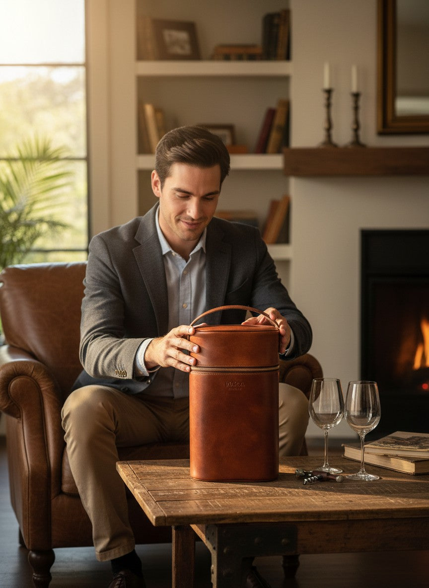 BOSCA 1911 LEATHER TWO BOTTLE WINE CASE - DARK BROWN