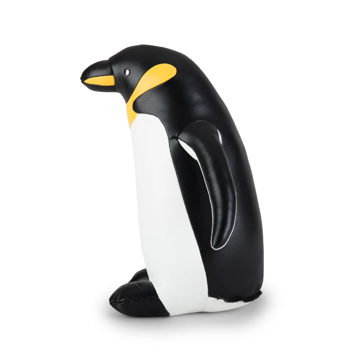Button Down SF black and white vegan leather penguin bookend with yellow accents.