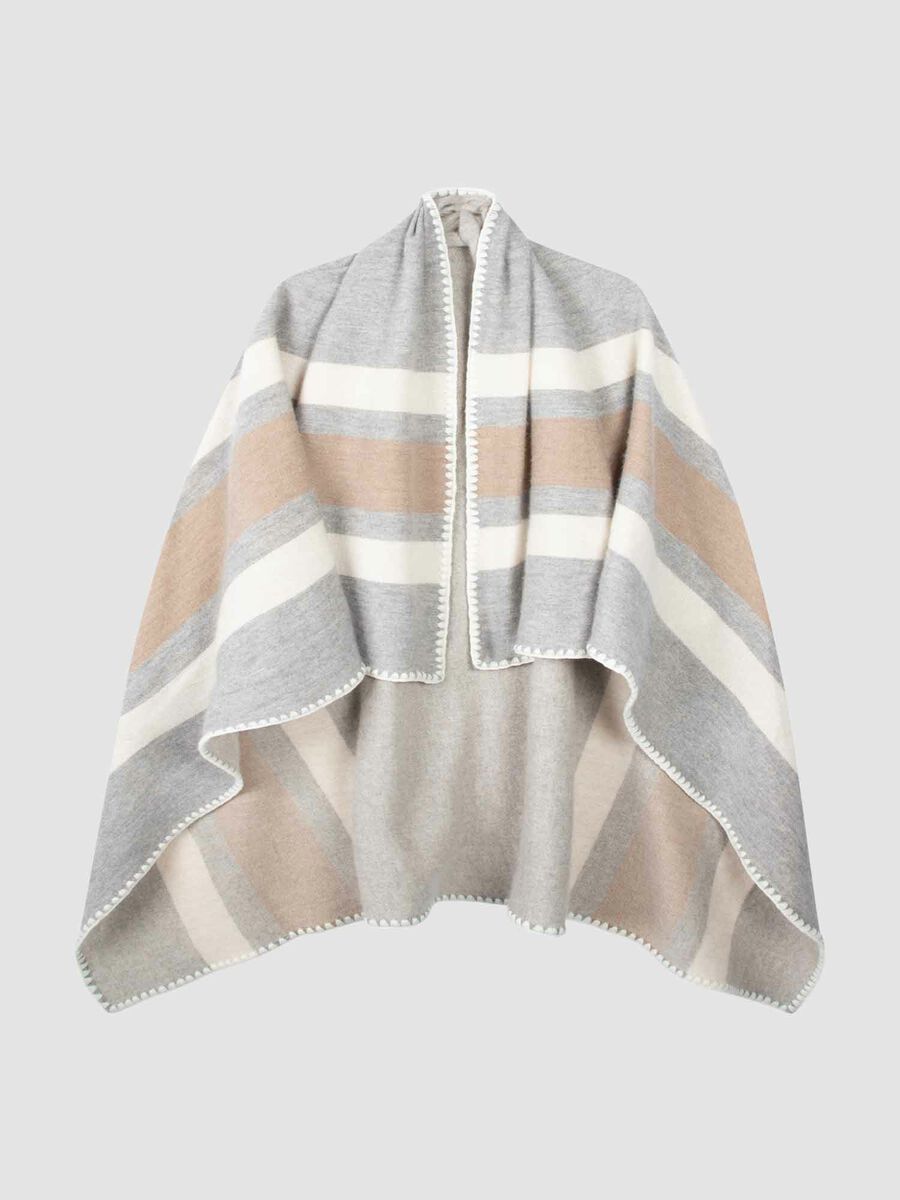 REPEAT CASHMERE CONTRAST BORDER CAPE - LIGHT GREY/IVORY