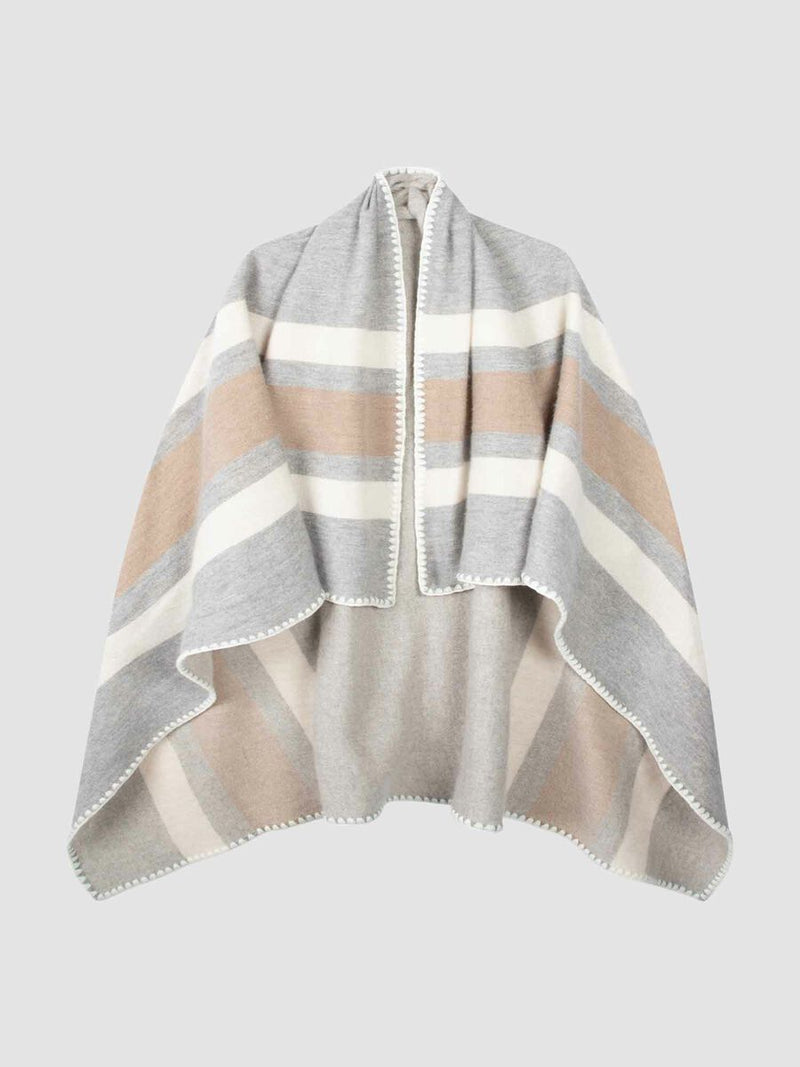 REPEAT CASHMERE CONTRAST BORDER CAPE - LIGHT GREY/IVORY