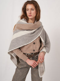 REPEAT CASHMERE CONTRAST BORDER CAPE - LIGHT GREY/IVORY