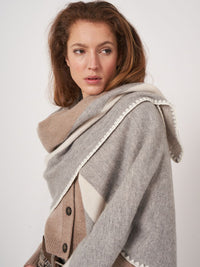 REPEAT CASHMERE CONTRAST BORDER CAPE - LIGHT GREY/IVORY