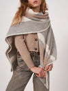 REPEAT CASHMERE CONTRAST BORDER CAPE - LIGHT GREY/IVORY